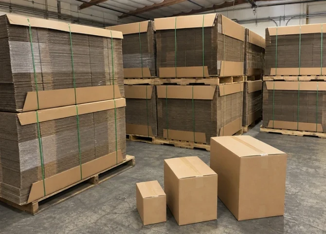 Corrugated shipping boxes in different sizes with palletized flat cartons in a warehouse