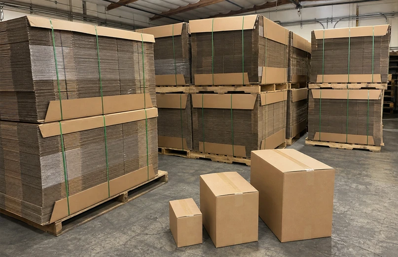 Corrugated shipping boxes in different sizes with palletized flat cartons in a warehouse