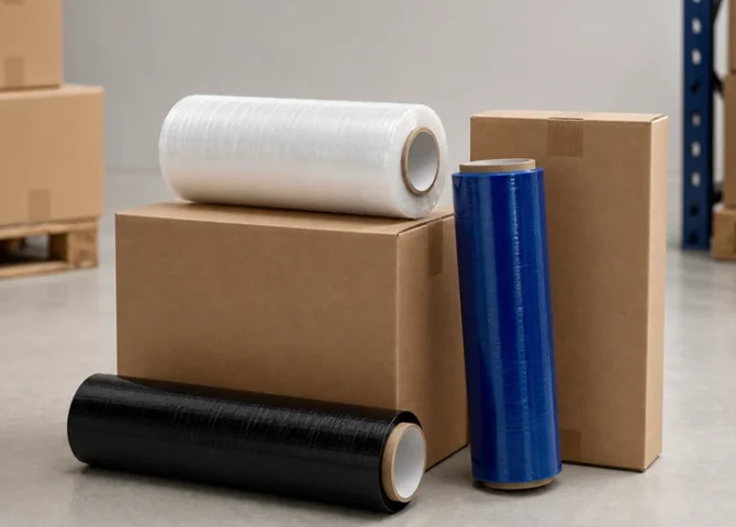 Clear, blue and black hand stretch film rolls with corrugated shipping boxes