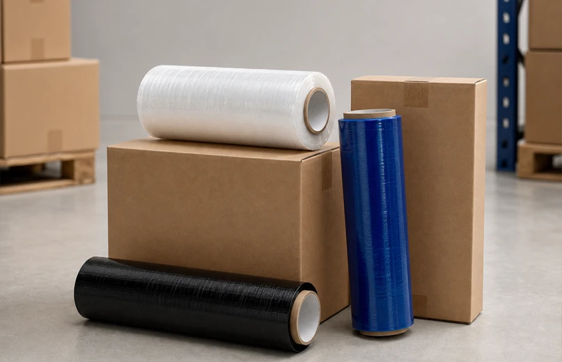 Clear, blue and black hand stretch film rolls with corrugated shipping boxes