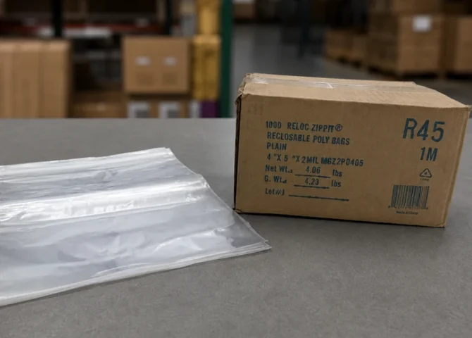 Clear 2 mil reclosable poly bags beside their corrugated product case