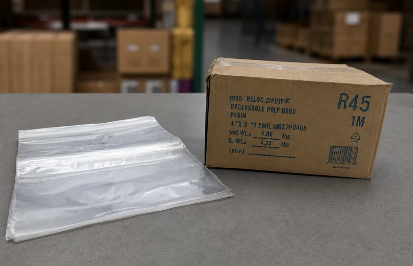 Clear 2 mil reclosable poly bags beside their corrugated product case