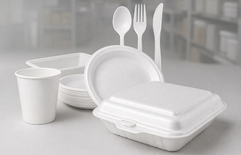Disposable food containers, cups, plates, and utensils for foodservice packaging