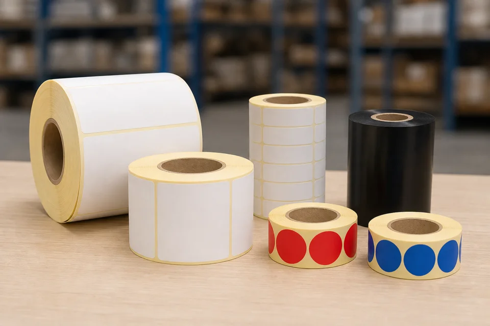 Assortment of blank shipping, identification, and thermal label rolls